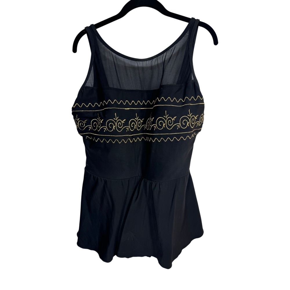Vintage Roaman's Black Aztec Embroidered‎ Skirted One Piece Swim Dress Size 20W
